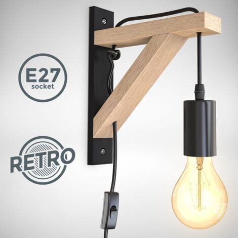 Holz schwarz Retrolampe LED E27 Wandleuchte Kabel Metall Vintage Industriell