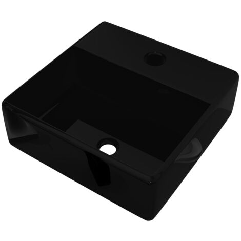 Lavabo de cerámica cuadrado con orificio de grifo/desagüe negro