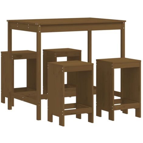 Mesa y taburetes altos de jardín 5 pzas madera pino marrón miel