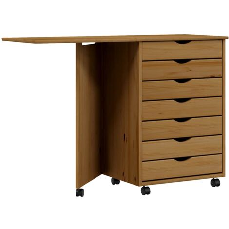 Cajonera con ruedas y escritorio MOSS madera pino marrón miel