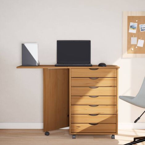Cajonera con ruedas y escritorio MOSS madera pino marrón miel