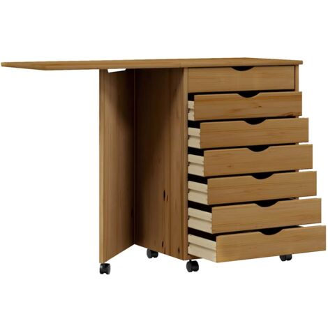 Cajonera con ruedas y escritorio MOSS madera pino marrón miel