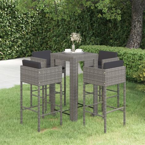 Set De Bar De Jardín De 5 Piezas Con Mesa Y 4 Taburetes De Ratán PE Y Cojines, Color Gris