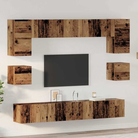 Mueble De TV Moderno De Pared | 6 Piezas En Madera Vieja | Con Estantes, Puertas Y Luces LED | Fácil Montaje