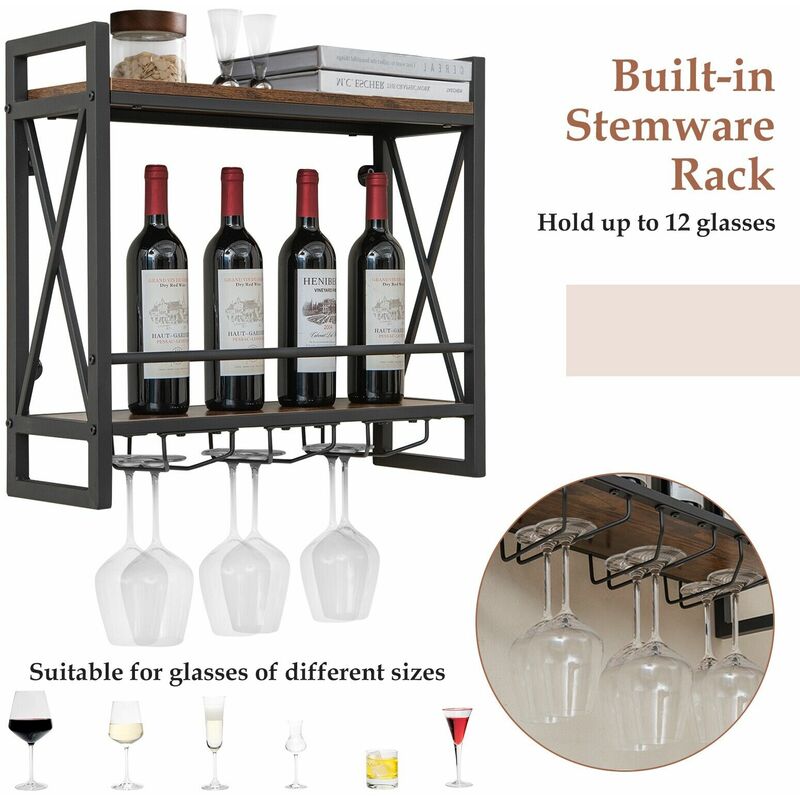 Industrial Wall Mounted Wine Rack Organizer Bottle Glass Holder Storage  Display