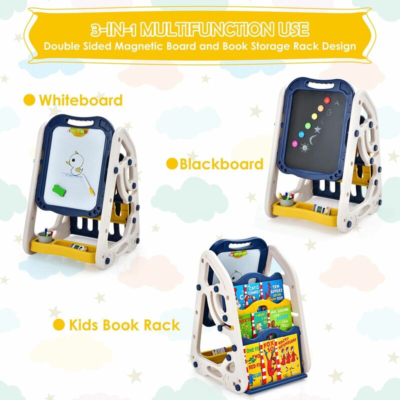 3 in 1 Kids Art Easel Double Sided Magnetic Whiteboard & Chalkboard Storage  Rack