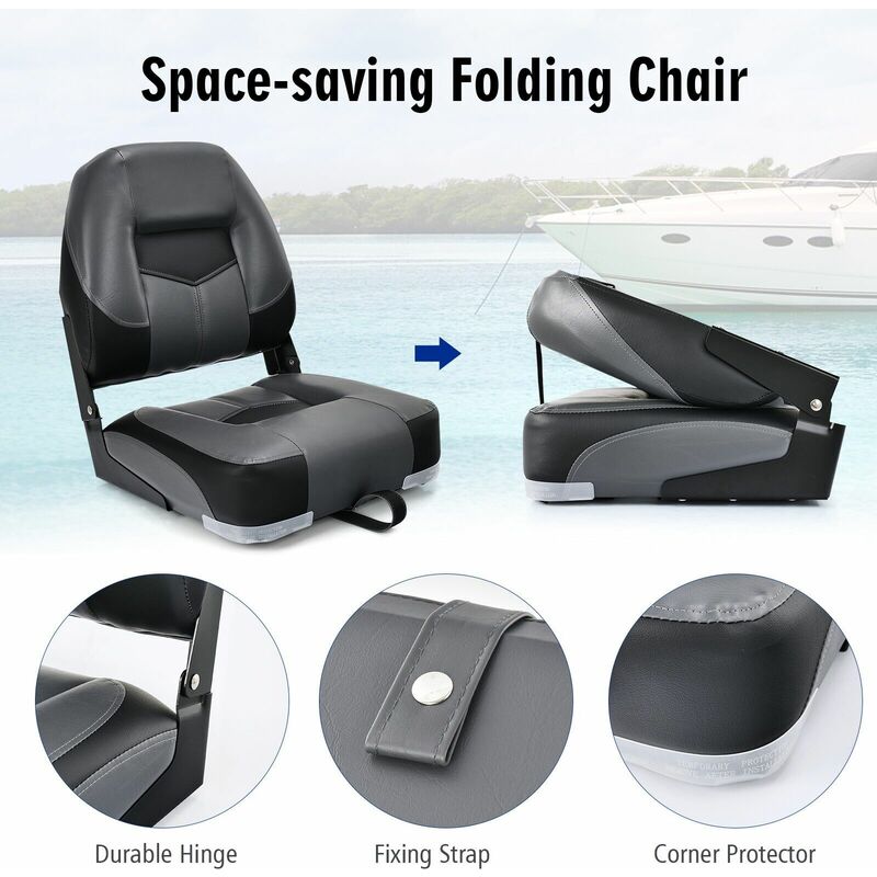 Costway High Back Folding Boat Seats w/ Blue White Sponge Cushion &  Flexible Hinges