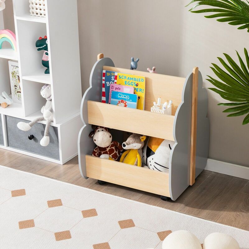 Costway Kids Wooden Bookshelf w/ Wheels 2-Tier Toy Storage Shelf - See Details - White + Natural