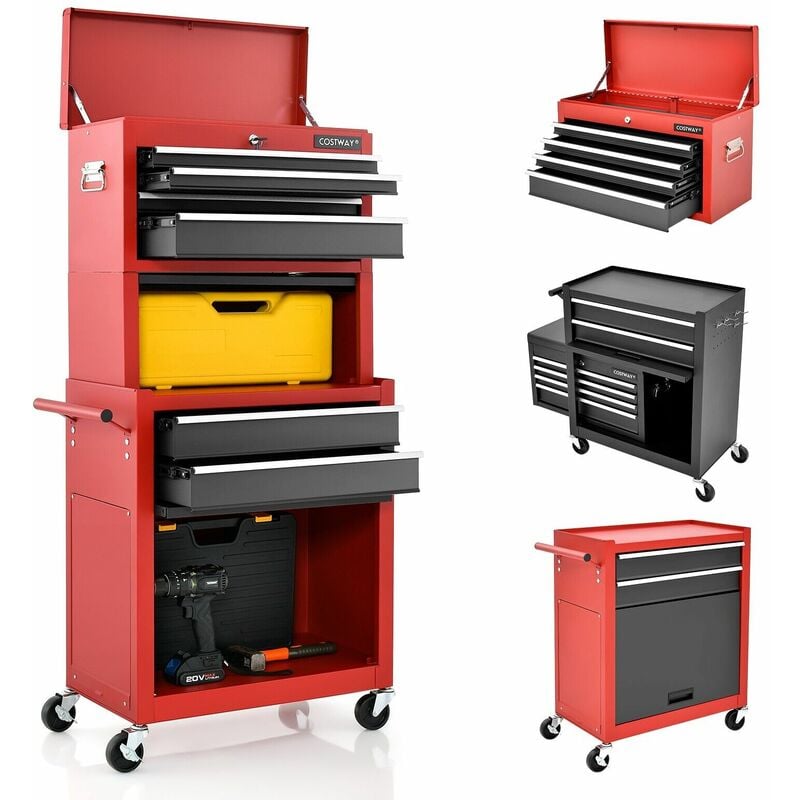 2-In-1 Lockable Tool Storage Cabinet High Capacity Rolling Tool Chest 6-Drawers