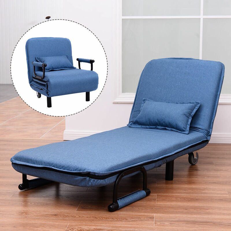 Single Folding Sofa Bed Chair Modern Fabric Sleep Function Holder W Pillow Blue