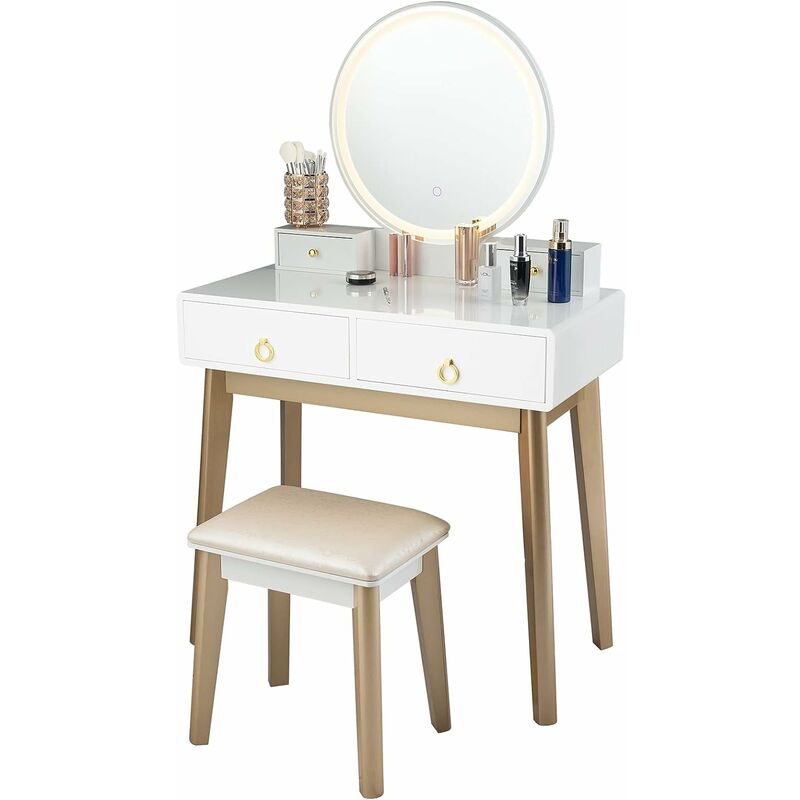 Costway Dressing Table Set With Led, White Stool For Vanity Table