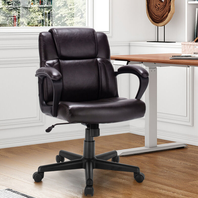 PU Leather Office Chair With Padded Arms - Mid-Back Desk Chair, Chrome Base, Tilt & Height Adjustable