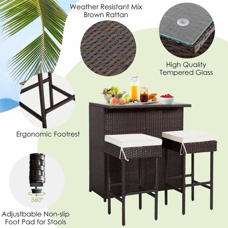 Costway 3 pcs patio outdoor rattan wicker bar table and 2 deals stools