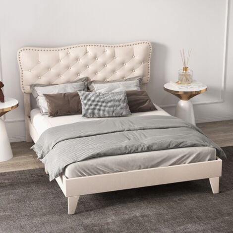 Double Size Bed Frame Wooden Slats Platform Upholstered Button Tufted Headboard
