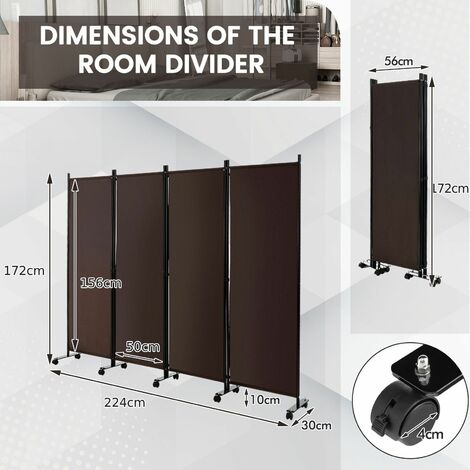 4 Panel Room Divider on Wheels Rolling Privacy Screens Portable Freestanding