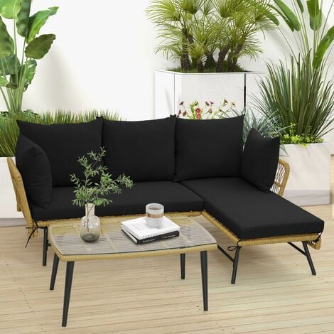 Outdoor Wicker Furniture Set 3-PieceLoveseat Patio Sofa with Cushions & Table