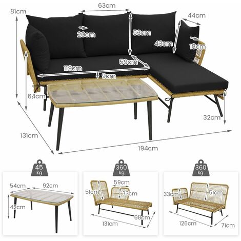 Outdoor Wicker Furniture Set 3-PieceLoveseat Patio Sofa with Cushions & Table