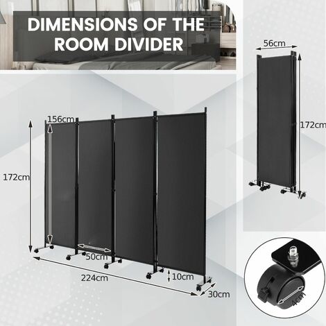 4 Panel Room Divider on Wheels Rolling Privacy Screens Portable Freestanding
