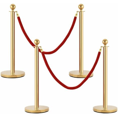 4 PCS Gold Stanchion Post Queue Rope Barrier Posts Stand Retractable Non-slip