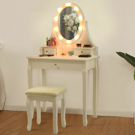 Dressing Table Set Cushioned Stool, Vanity Table With Lighted Mirror Led