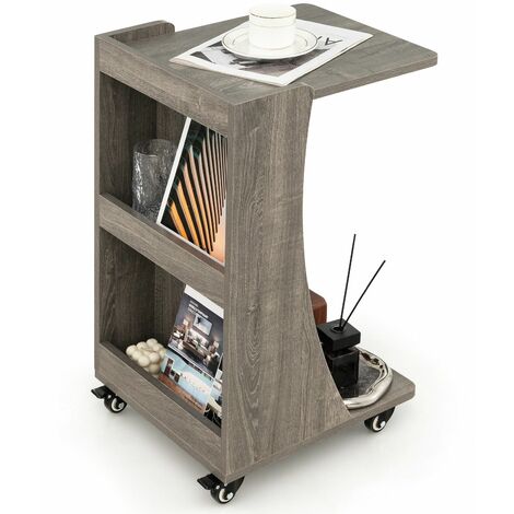 C-Shaped End Table Mobile Sofa Side Table Coffee Laptop Table W/ Swivel Casters