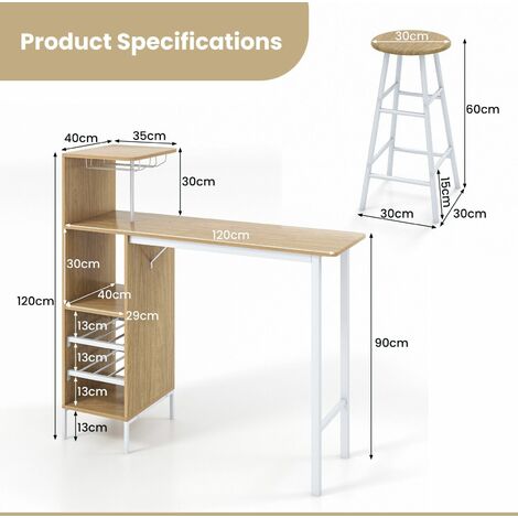 3PCS Bar Table & 2 Stool Industrial Kitchen Dining Set W/ Wine Rack Glass Holder