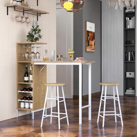 3PCS Bar Table & 2 Stool Industrial Kitchen Dining Set W/ Wine Rack Glass Holder
