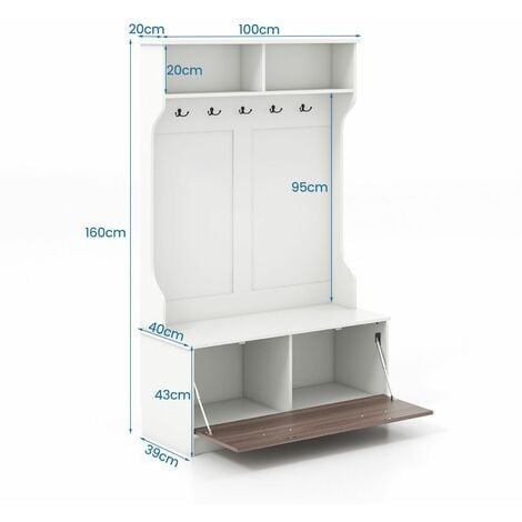 3-in-1 Freestanding Hall Coat Rack Stand Shoe Bench with 5 Hooks and Cabinet