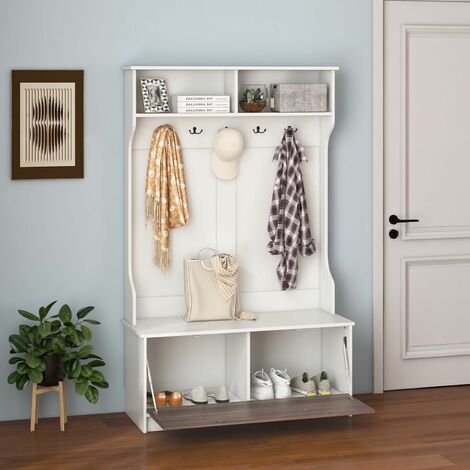 3-in-1 Freestanding Hall Coat Rack Stand Shoe Bench with 5 Hooks and Cabinet