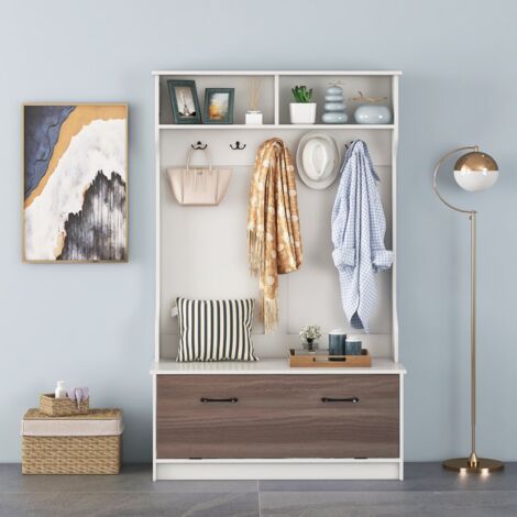 3-in-1 Freestanding Hall Coat Rack Stand Shoe Bench with 5 Hooks and Cabinet