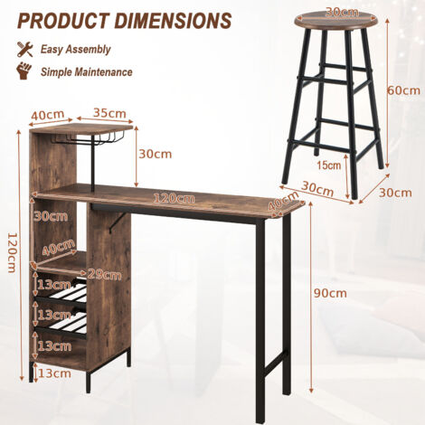 3PCS Bar Table & Chair Set Industrial Pub Table Counter Height Dining Table Set