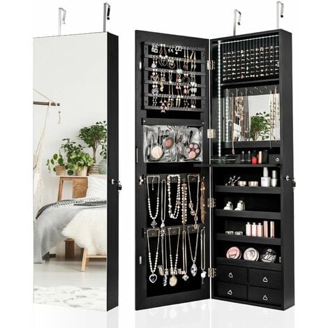 Led Lighted Mirror Jewelry Cabinet Wall Door Mounted Armoire Organizer