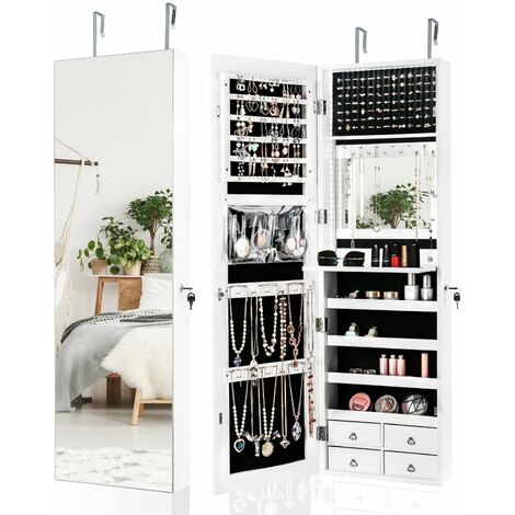 thumbnail image 2 of Costway Wall Mounted LED Mirror Jewelry Cabinet – Lockable Armoire With 6 Drawers – White 2 of 5