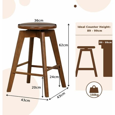 Set of 2 Bar Stools Wood Counter Height Chair 360° Swivel Kitchen Seat ...