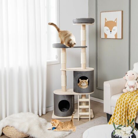 161cm Wooden Multi-level Cat Tree Climbing Tower Sisal Covered Scratch Post