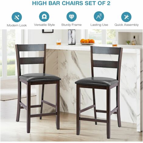 Set of 2 Bar Stools Wood Padded Counter Height Pub Chairs Kitchen Dining Chair