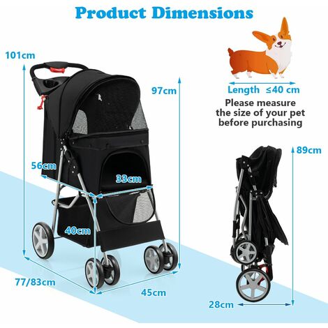 Folding Pet Stroller Portable Pet Travel Pushchair 4 Wheels with Storage Basket