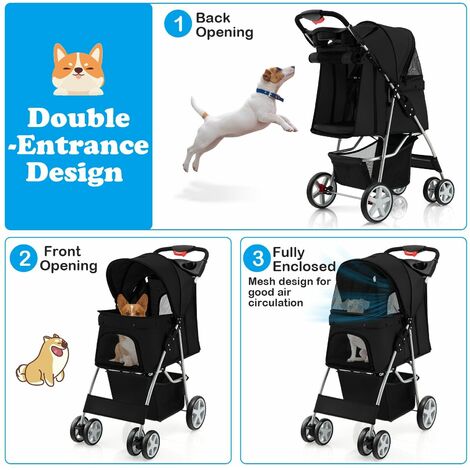 Folding Pet Stroller Portable Pet Travel Pushchair 4 Wheels with Storage Basket