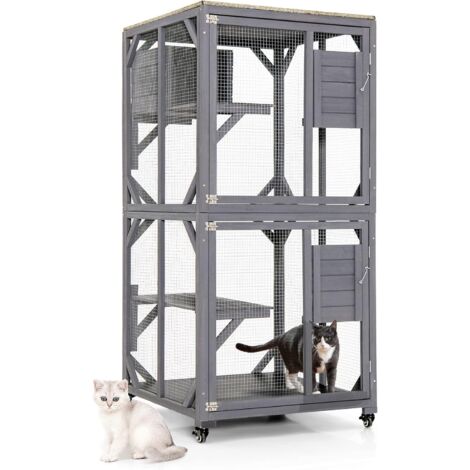 Wooden Cat House Kitten Cage Enclosure on Wheels w/Asphalt Roof 2 Platforms