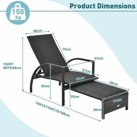 Outdoor Rattan Lounge Chair 5-Level Adjustable Chaise Lounger Wicker Recliner