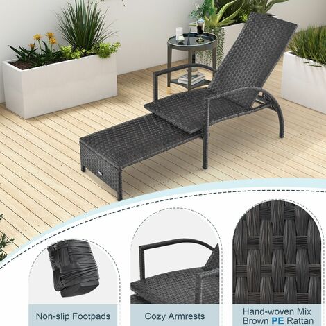 Outdoor Rattan Lounge Chair 5-Level Adjustable Chaise Lounger Wicker Recliner