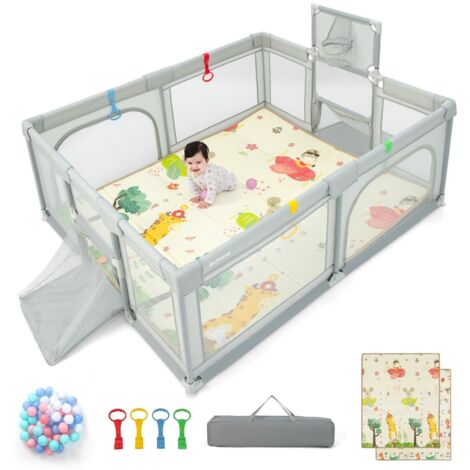 Large Baby Playpen Activity Centre w/Mat Basketball Hoop Soccer Nets &Pull Rings