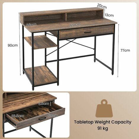 Industrial Computer Desk Writing Workstation w/Storage Drawer and 2 Open Shelves