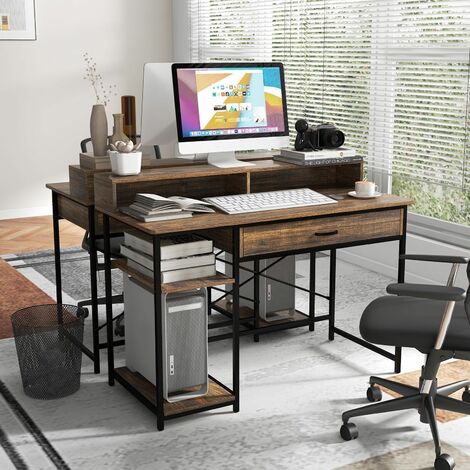 Industrial Computer Desk Writing Workstation w/Storage Drawer and 2 Open Shelves