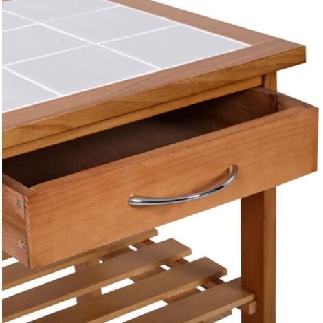 COSTWAY Chariot de Cuisine Desserte sur Roulettes en Bois de Pin avec 2 Paniers 2 Tiroirs 2 Etagères 67 x 37 x 76 cm