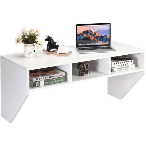 COSTWAY Bureau Murale avec 3 Etagéres de Rangement 108 x 53 x 52 CM Table pour, Étude, Cuisine, Bar, Etc. Blanc