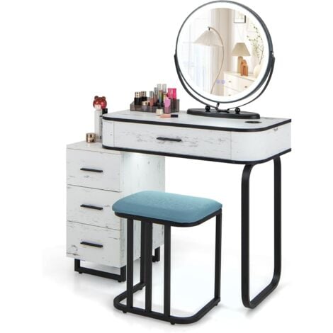 Dressing Table Vanity Set Makeup Stool LED Light 3-Drawer Chest Storage Shelves