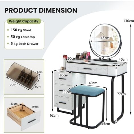 Dressing Table Vanity Set Makeup Stool LED Light 3-Drawer Chest Storage Shelves