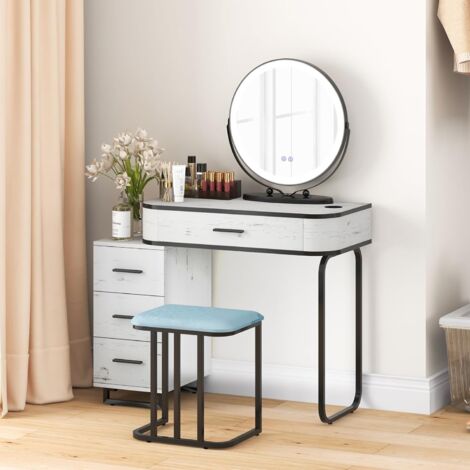 Dressing Table Vanity Set Makeup Stool LED Light 3-Drawer Chest Storage Shelves