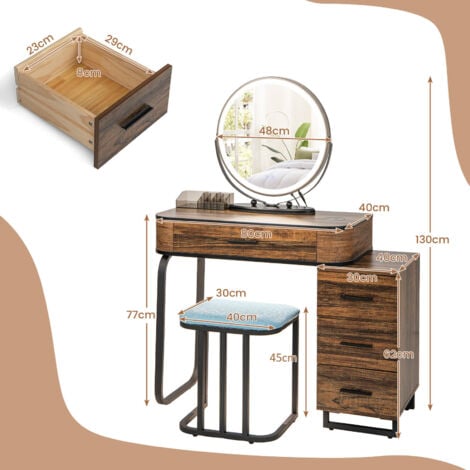 Vanity Table&Stool Set Makeup Dressing Mirror Table w/Charging Station-Coffee